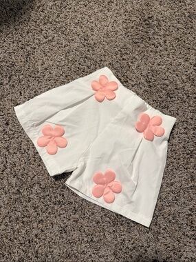 White Shorts with Pink Floral Appliqués